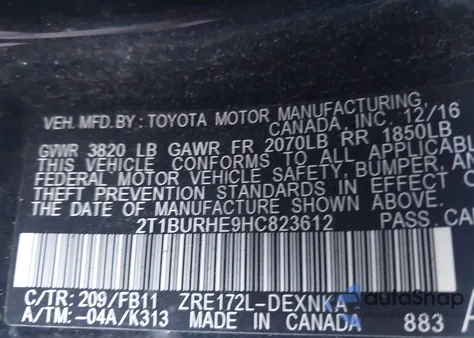 2017 Toyota Corolla Le z USA, uszkodzony, nr VIN 2T1BURHE9HC823612